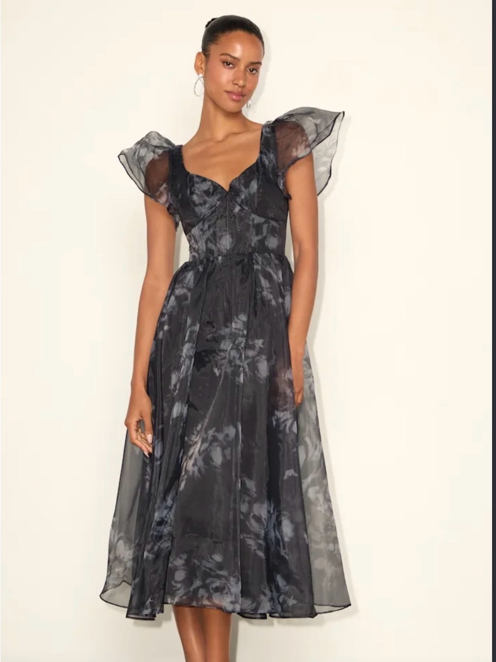 Mesmerizing Mood Black Floral Organza Ruffled A-Line Midi Dress